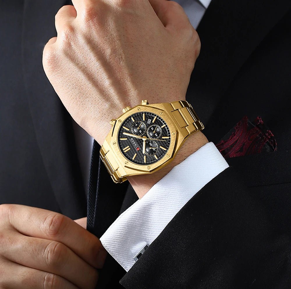 M:8440 Curren Black Dial Golden Steel Chain Chronograph Analog Quartz Men's Watch. - Timecheck