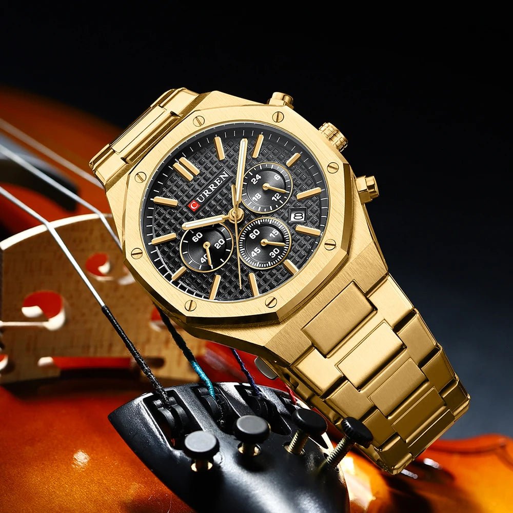 M:8440 Curren Black Dial Golden Steel Chain Chronograph Analog Quartz Men's Watch. - Timecheck