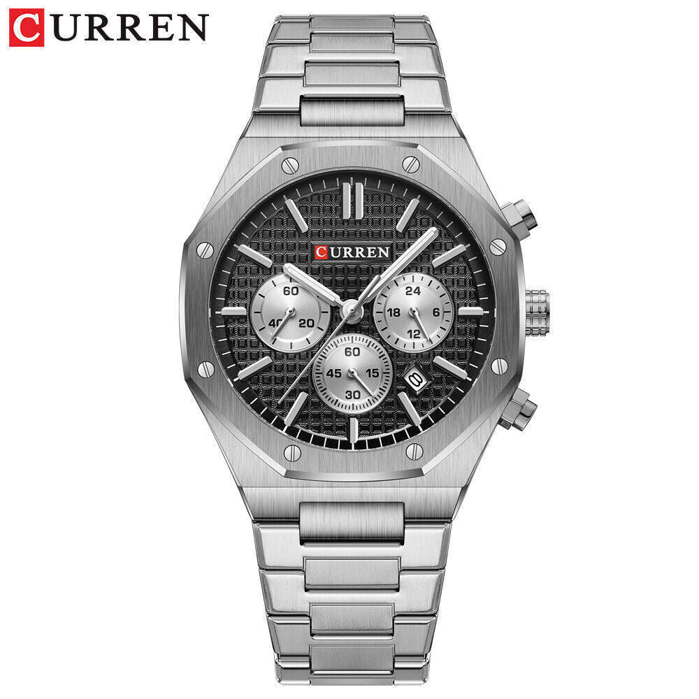 M:8440 Curren Black Dial Silver Steel Chain Chronograph Analog Quartz Men's Watch. - Timecheck