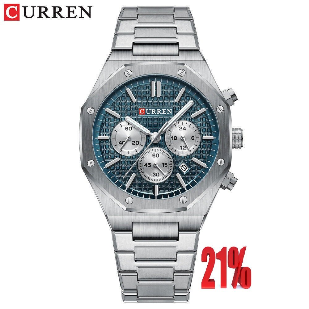 M:8440 Curren Green Dial Silver Steel Chain Chronograph Analog Quartz Men's Watch. - Timecheck