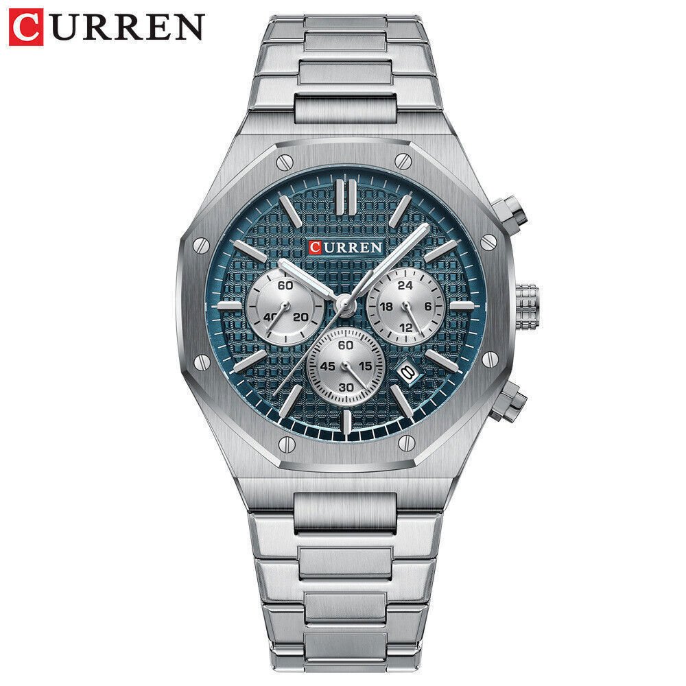 M:8440 Curren Green Dial Silver Steel Chain Chronograph Analog Quartz Men's Watch. - Timecheck