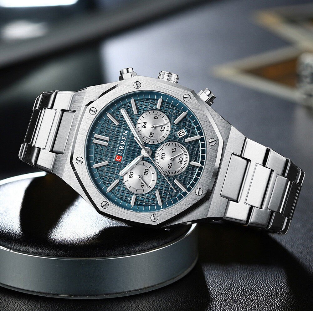 M:8440 Curren Green Dial Silver Steel Chain Chronograph Analog Quartz Men's Watch. - Timecheck