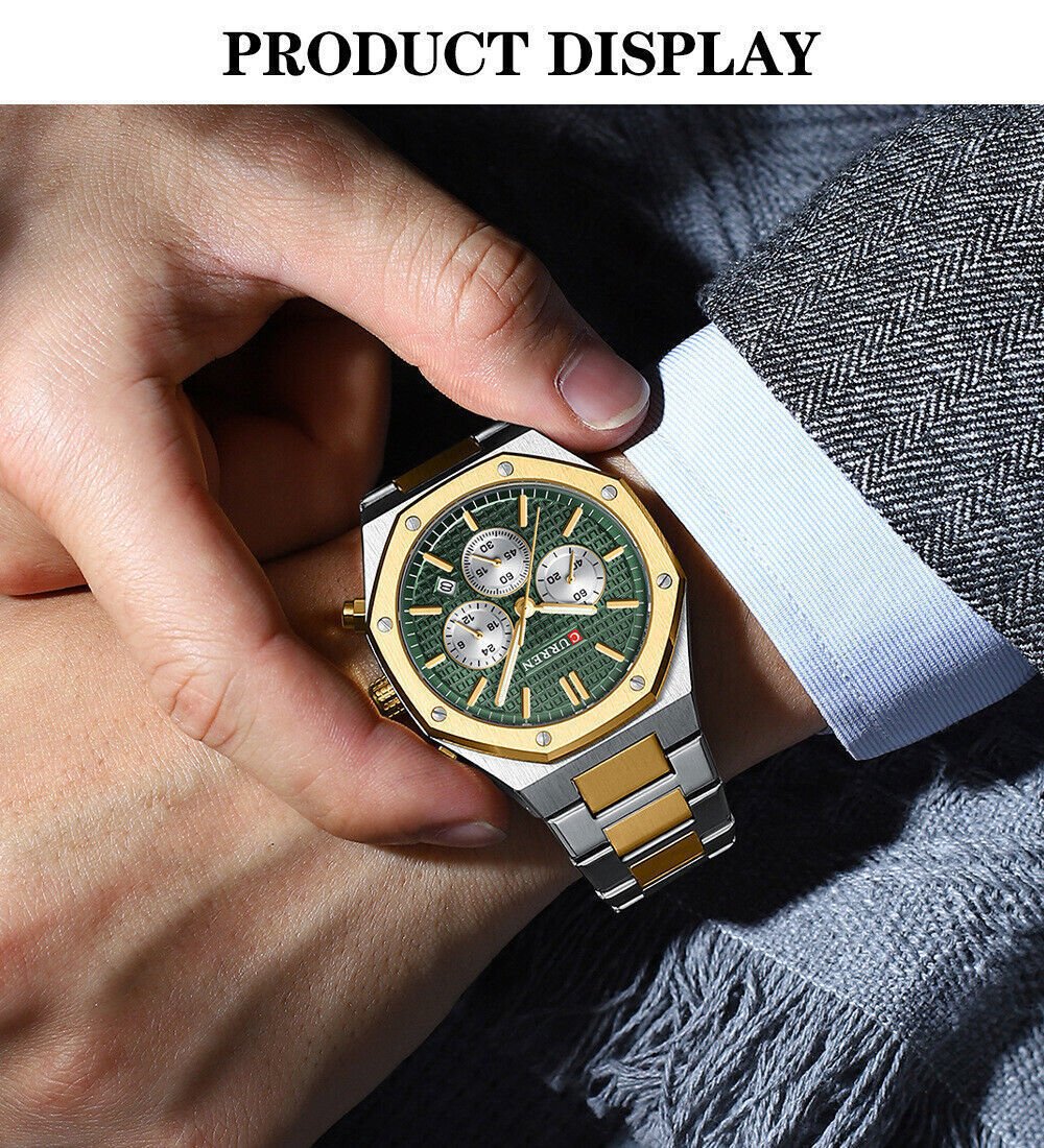 M:8440 Curren Green Dial Silver,Gold Steel Chain Chronograph Analog Quartz Men's Watch. - Timecheck