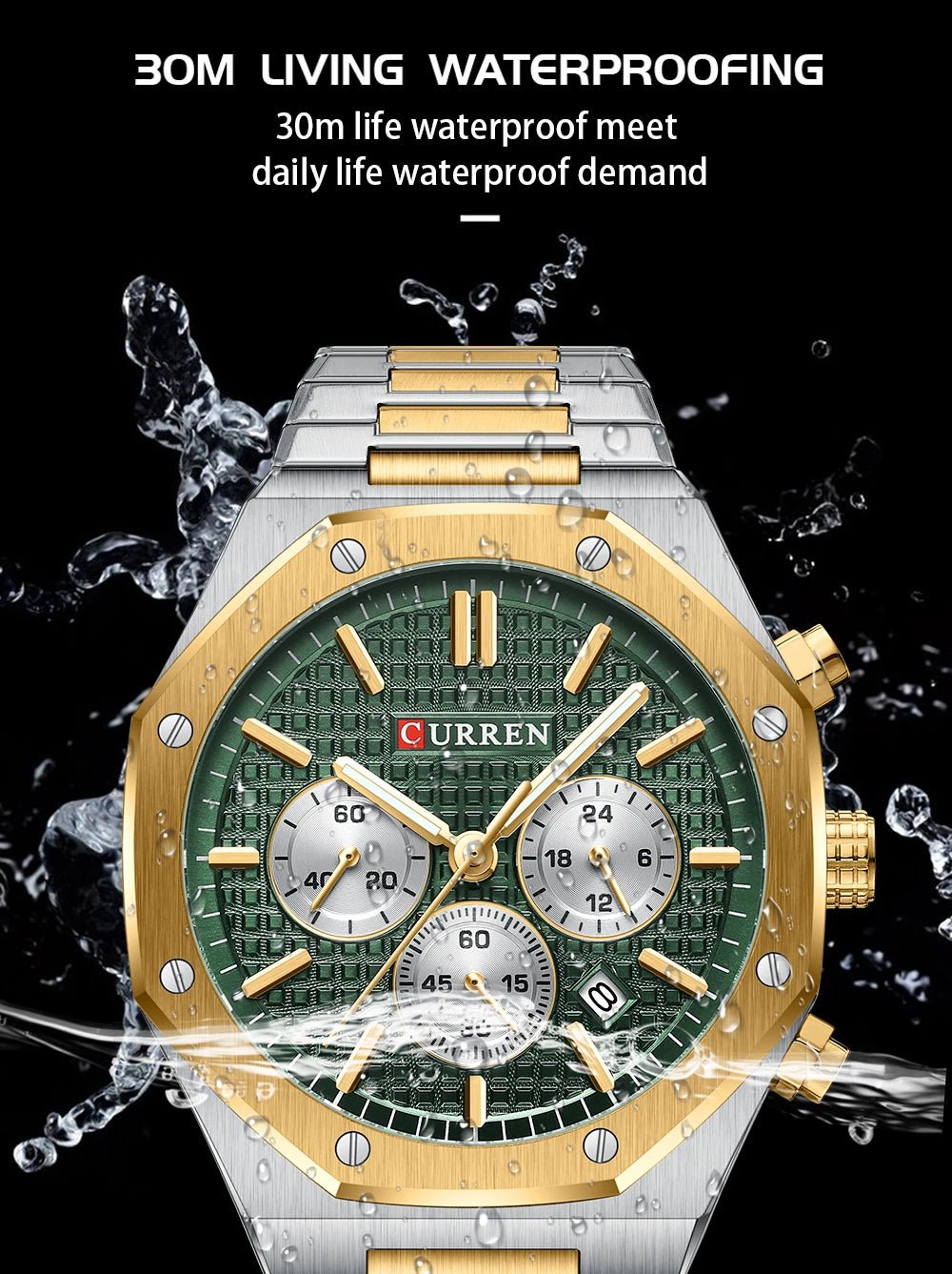 M:8440 Curren Green Dial Silver,Gold Steel Chain Chronograph Analog Quartz Men's Watch. - Timecheck