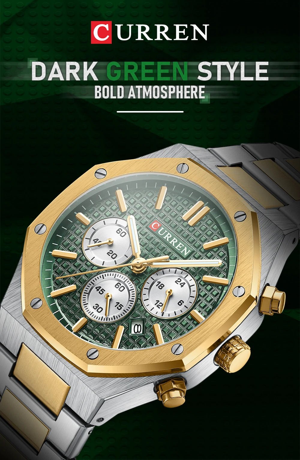 M:8440 Curren Green Dial Silver,Gold Steel Chain Chronograph Analog Quartz Men's Watch. - Timecheck