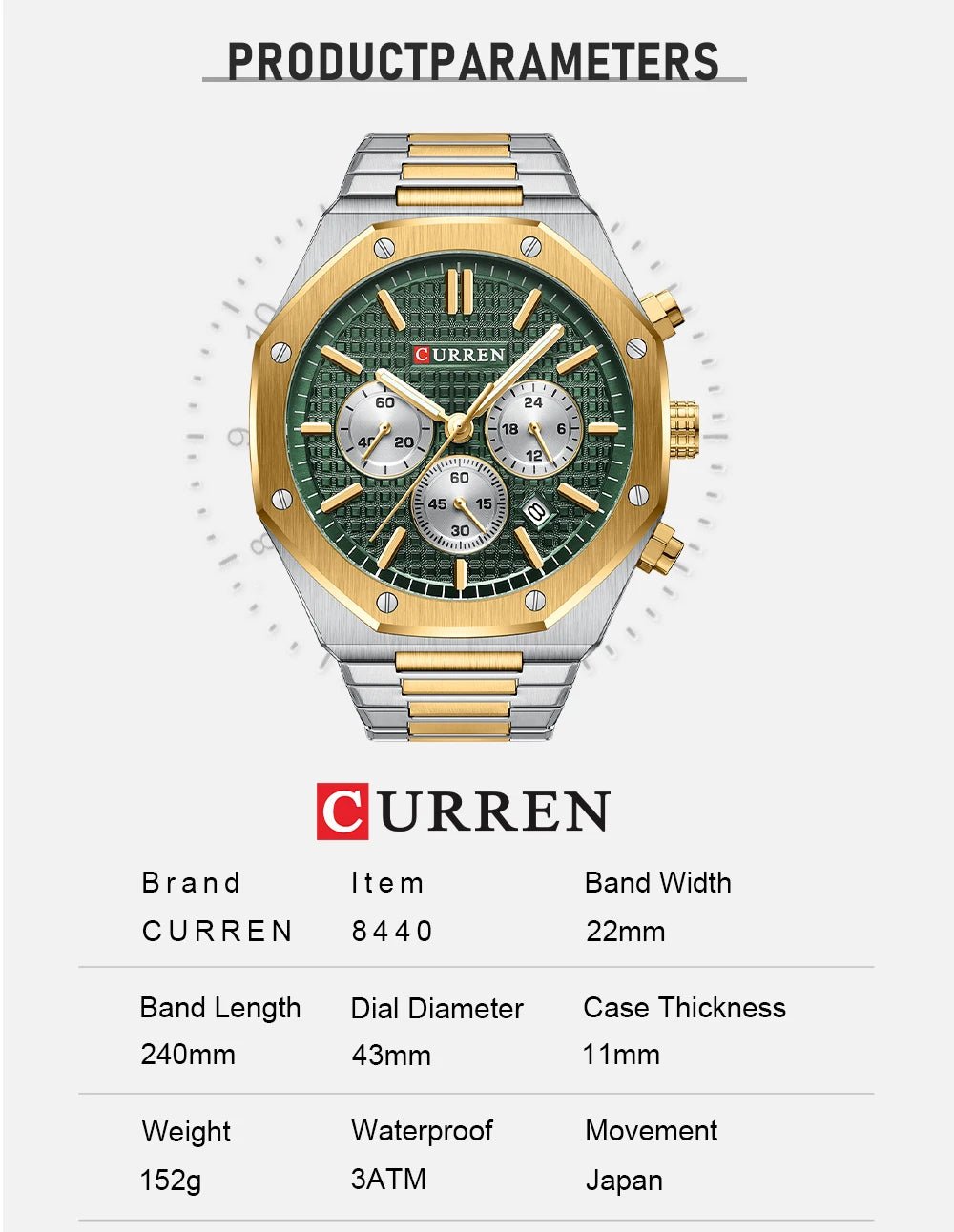 M:8440 Curren Green Dial Silver,Gold Steel Chain Chronograph Analog Quartz Men's Watch. - Timecheck