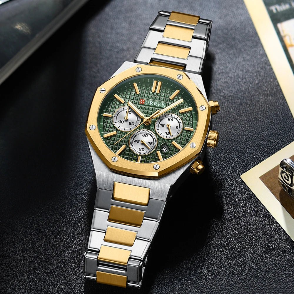 M:8440 Curren Green Dial Silver,Gold Steel Chain Chronograph Analog Quartz Men's Watch. - Timecheck