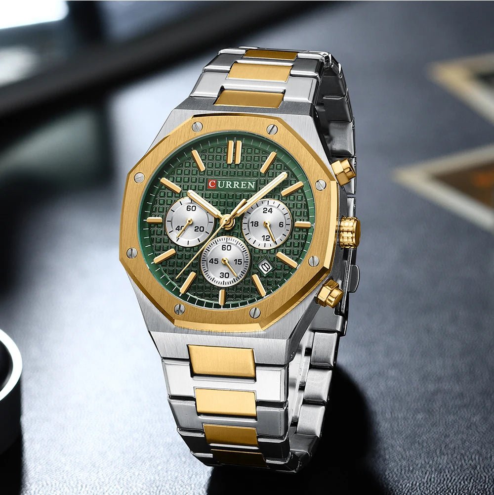 M:8440 Curren Green Dial Silver,Gold Steel Chain Chronograph Analog Quartz Men's Watch. - Timecheck