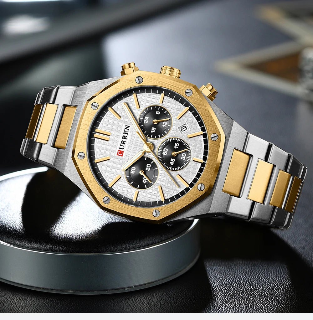 M:8440 Curren White Dial Silver,Gold Steel Chain Chronograph Analog Quartz Men's Watch. - Timecheck