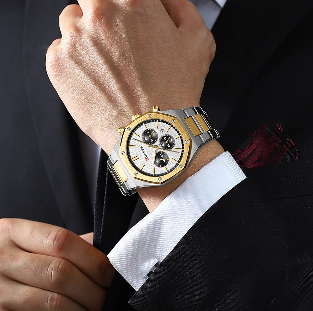 M:8440 Curren White Dial Silver,Gold Steel Chain Chronograph Analog Quartz Men's Watch. - Timecheck