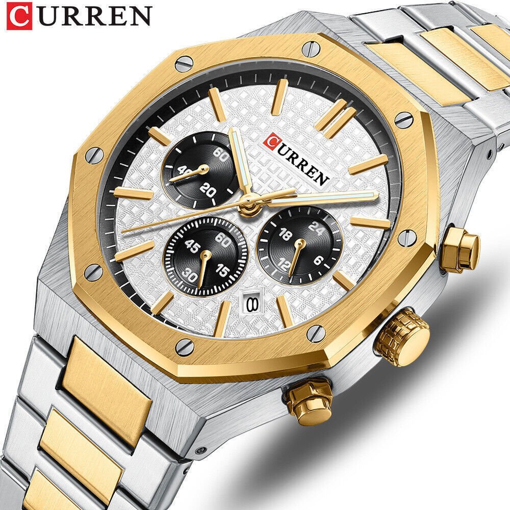 M:8440 Curren White Dial Silver,Gold Steel Chain Chronograph Analog Quartz Men's Watch. - Timecheck