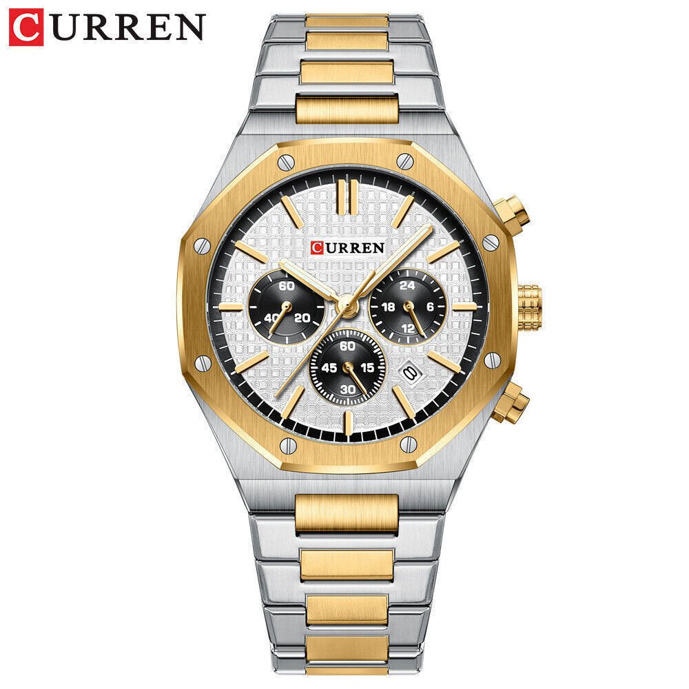 M:8440 Curren White Dial Silver,Gold Steel Chain Chronograph Analog Quartz Men's Watch. - Timecheck