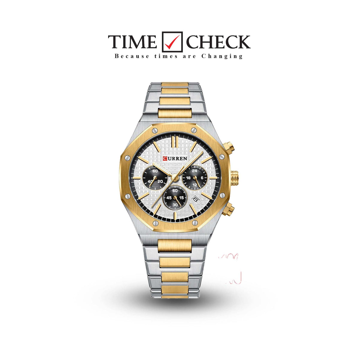 M:8440 Curren White Dial Silver,Gold Steel Chain Chronograph Analog Quartz Men's Watch. - Timecheck