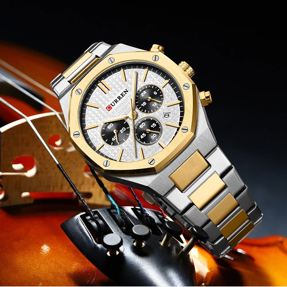 M:8440 Curren White Dial Silver,Gold Steel Chain Chronograph Analog Quartz Men's Watch. - Timecheck