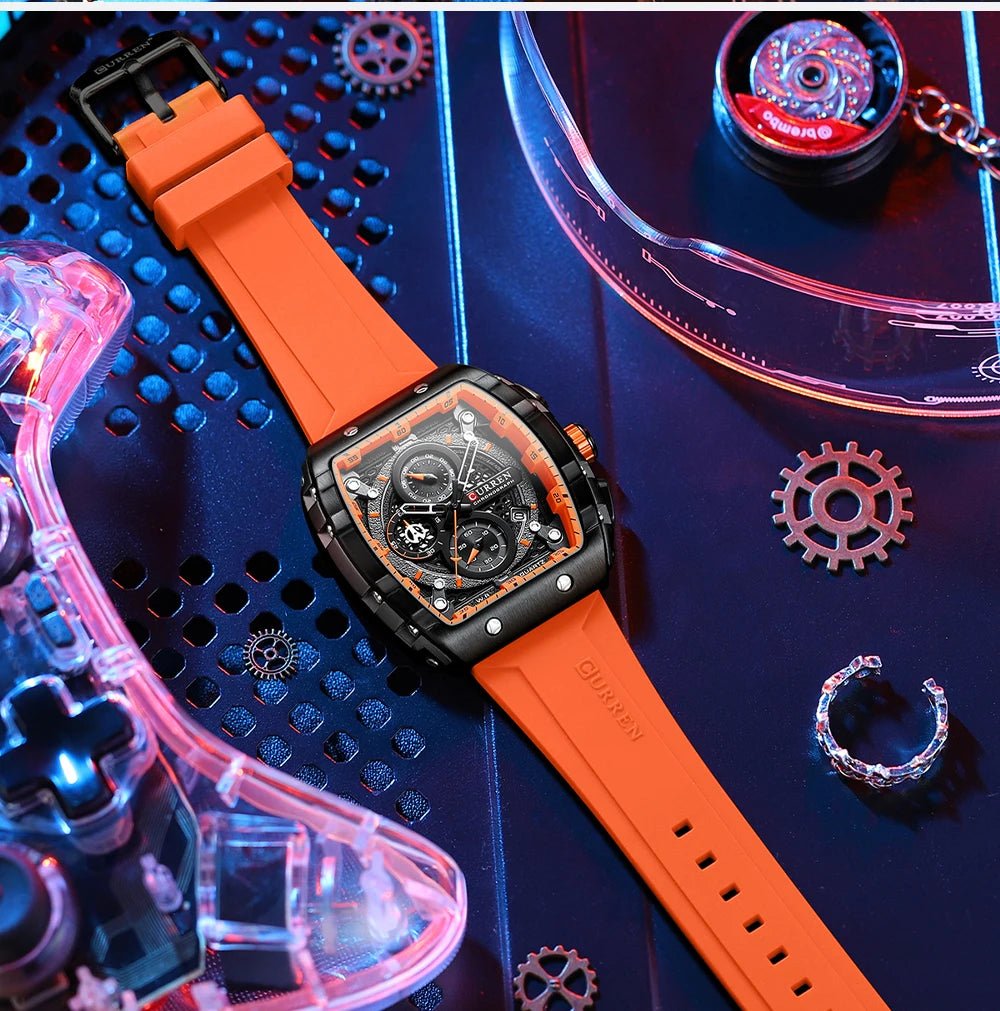 M:8442 Curren Black Dial orange Silicone Strap Chronograph Analog Quartz Men's Watch. - Timecheck