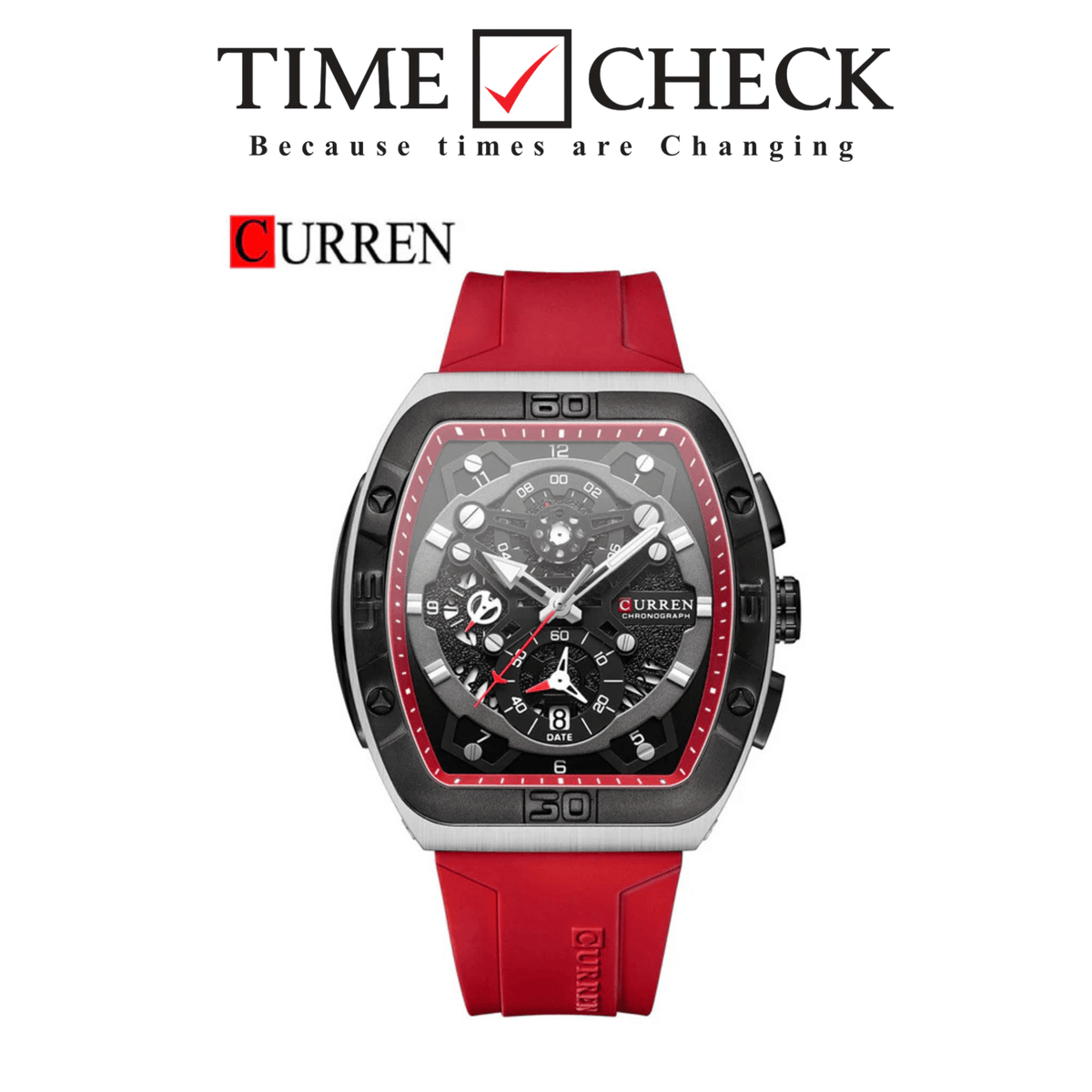 M:8443 Curren black Dial Red Silicone Strap Chronograph Analog Quartz Men's Watch. - Timecheck