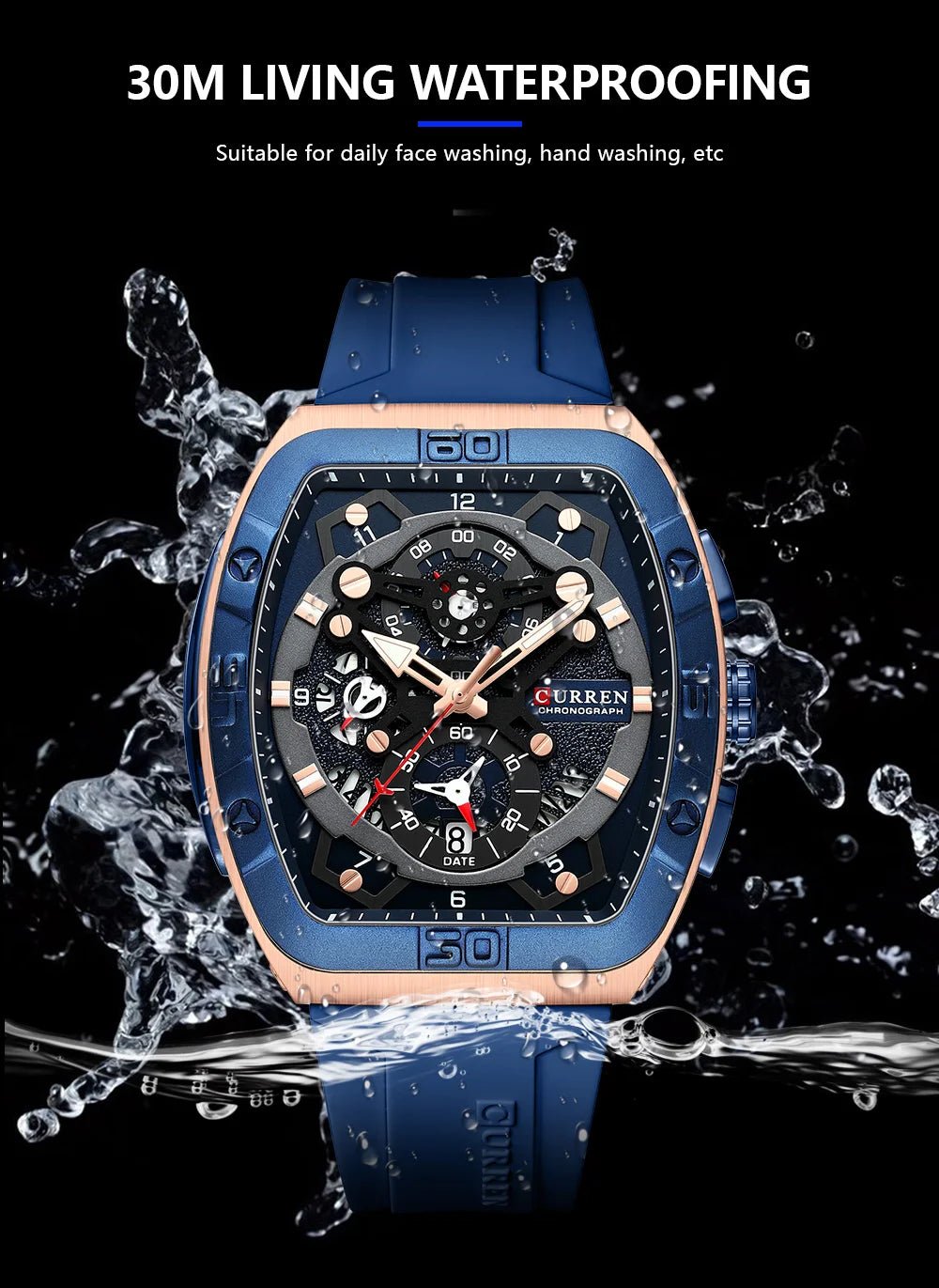 M:8443 Curren Blue Dial Blue Silicone Strap Chronograph Analog Quartz Men's Watch. - Timecheck