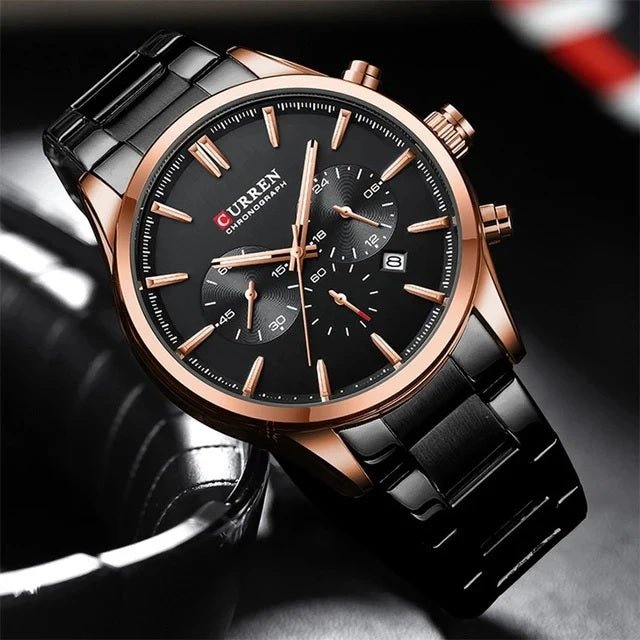 M:8446 Curren Stylish Roman BLACK/ROSE GOLD Dial Chronograph Analog Quartz Men's Watch. - Timecheck