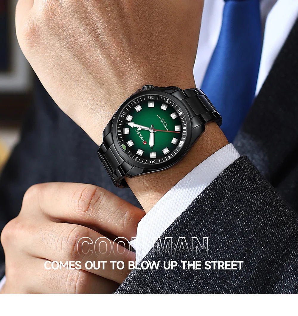 M:8451 CURREN GREEN DIAL BLACK STAINLESS STEEL CHAIN Wrist Watch FOR MEN WITH BRAND (BOX & BAG) - Timecheck