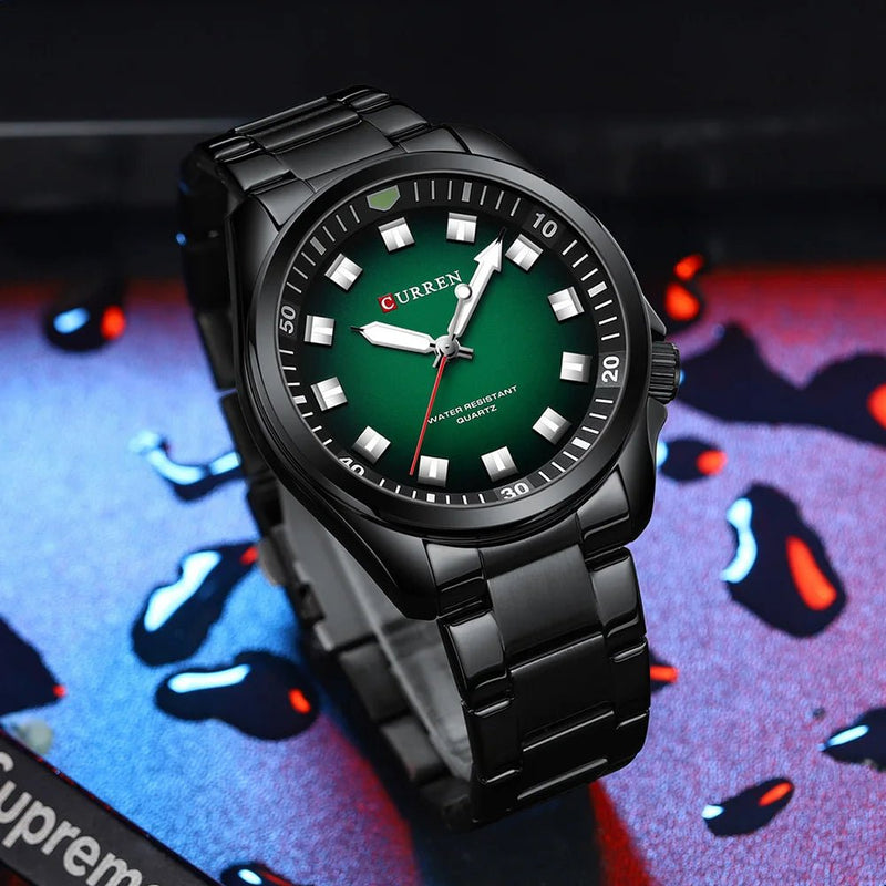 M:8451 CURREN GREEN DIAL BLACK STAINLESS STEEL CHAIN Wrist Watch FOR MEN WITH BRAND (BOX & BAG) - Timecheck