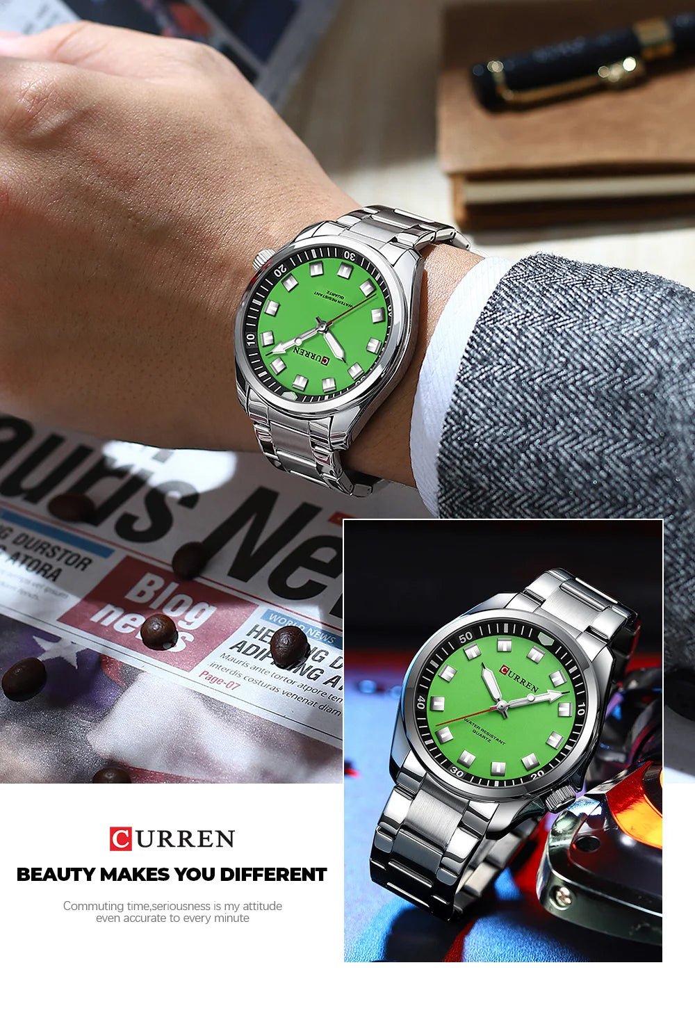 M:8451 CURREN GREEN DIAL SILVER STAINLESS STEEL CHAIN Wrist Watch FOR MEN WITH BRAND (BOX & BAG) - Timecheck