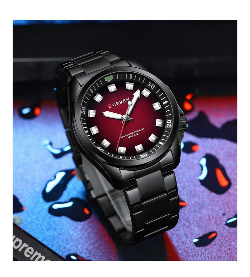 M:8451 CURREN MEHROON DIAL BLACK STAINLESS STEEL CHAIN Wrist Watch FOR MEN WITH BRAND (BOX & BAG) - Timecheck