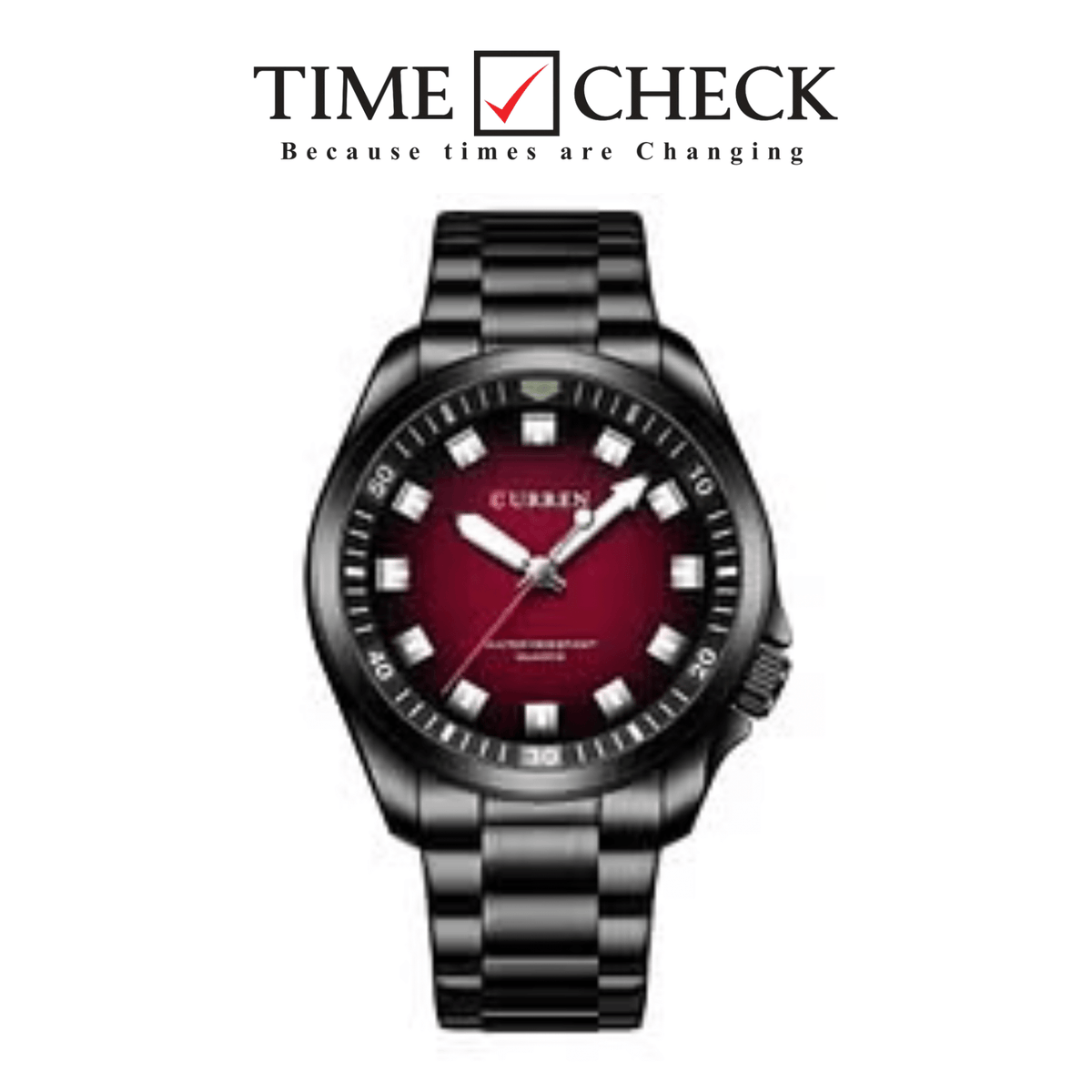 M:8451 CURREN MEHROON DIAL BLACK STAINLESS STEEL CHAIN Wrist Watch FOR MEN WITH BRAND (BOX & BAG) - Timecheck