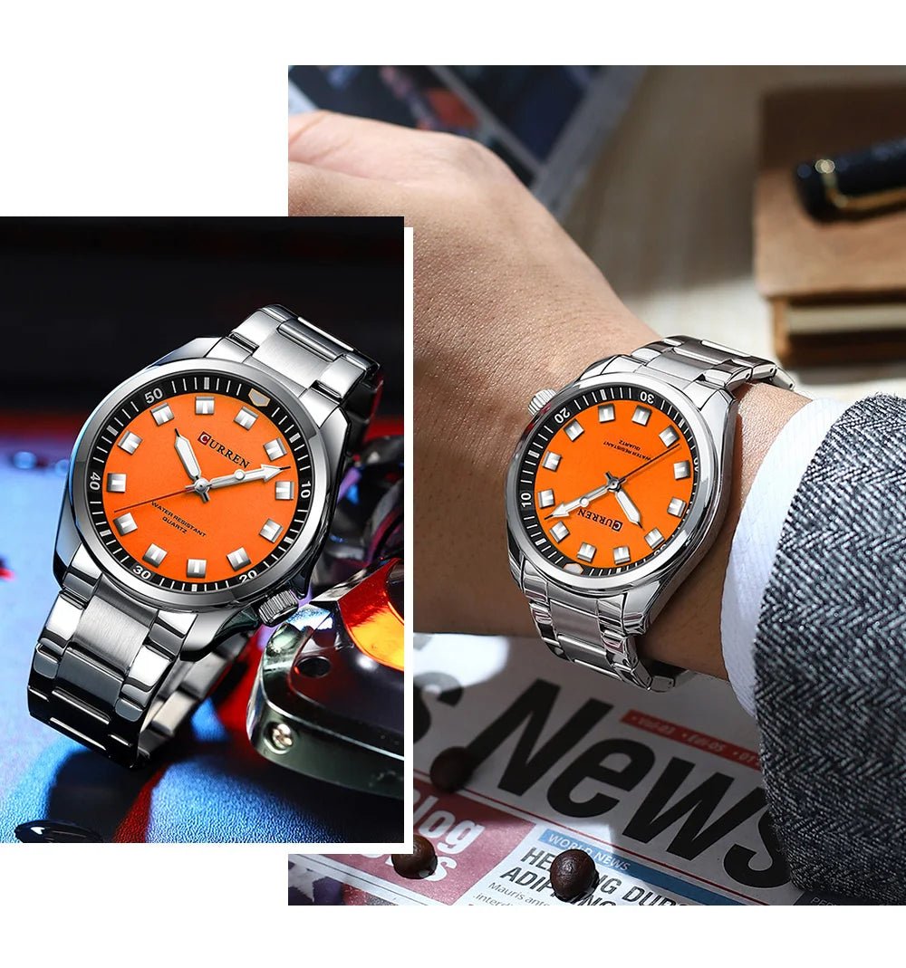 M:8451 CURREN ORANGE DIAL SILVER STAINLESS STEEL CHAIN Wrist Watch FOR MEN WITH BRAND (BOX & BAG) - Timecheck