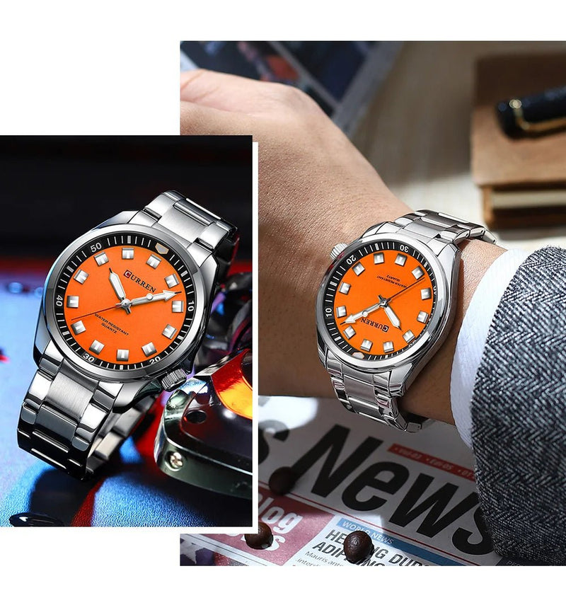 M:8451 CURREN ORANGE DIAL SILVER STAINLESS STEEL CHAIN Wrist Watch FOR MEN WITH BRAND (BOX & BAG) - Timecheck