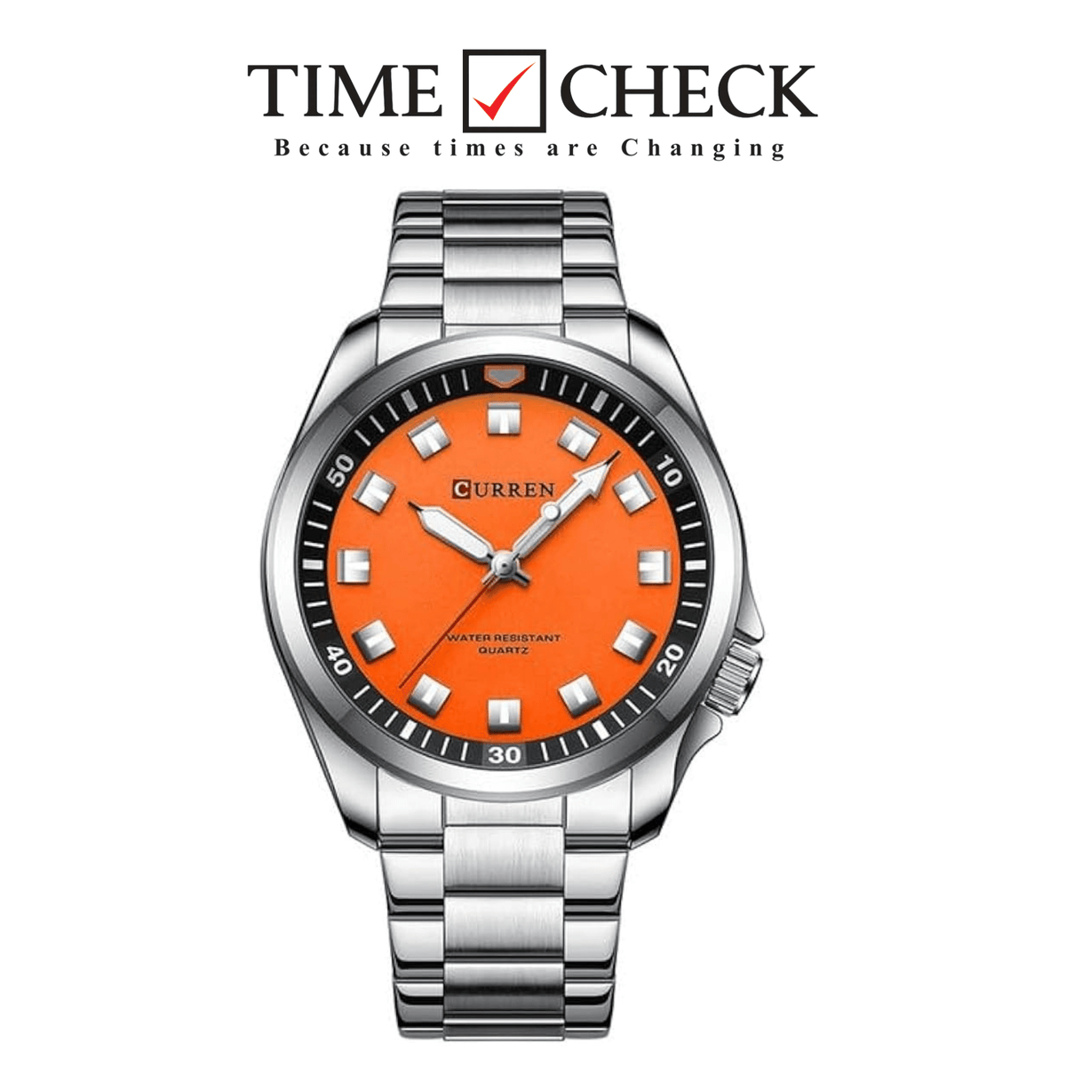M:8451 CURREN ORANGE DIAL SILVER STAINLESS STEEL CHAIN Wrist Watch FOR MEN WITH BRAND (BOX & BAG) - Timecheck