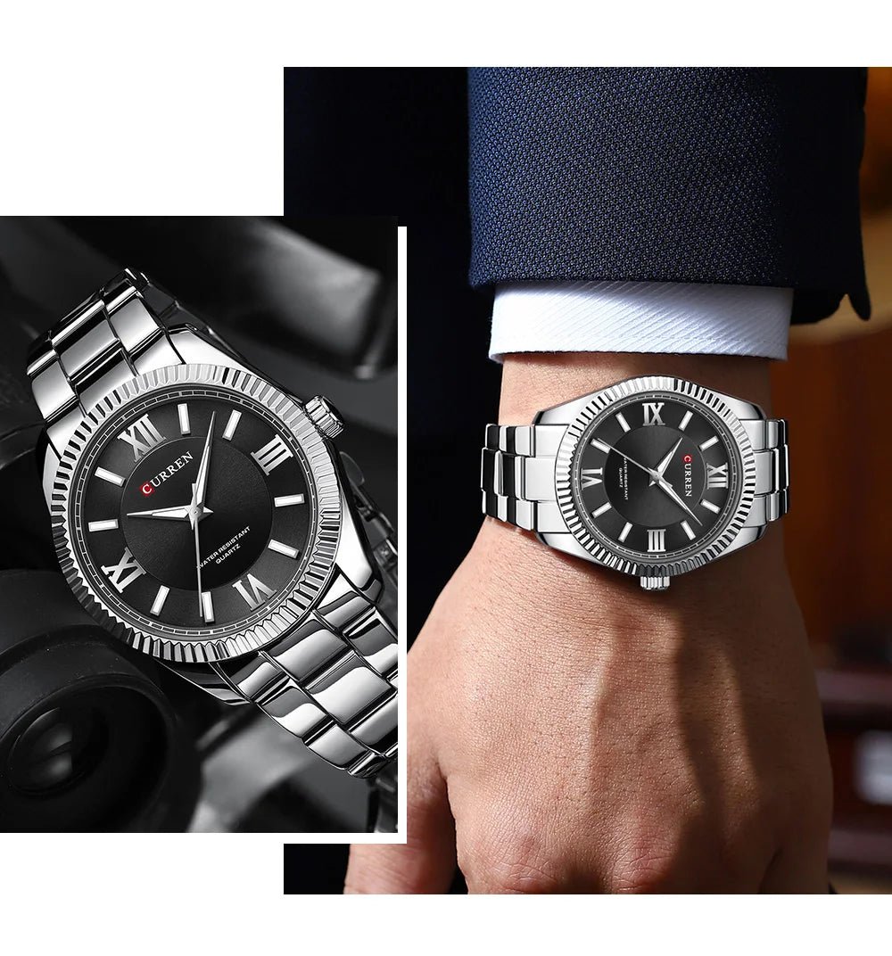 M:8453 CURREN BLACK DIAL SILVER STAINLESS STEEL CHAIN Wrist Watch FOR MEN WITH BRAND (BOX & BAG) - Timecheck