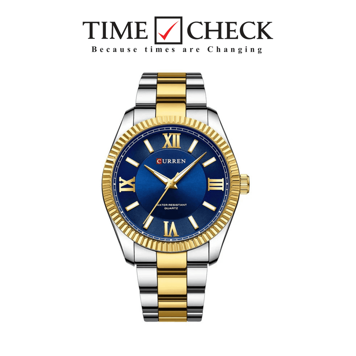 M:8453 CURREN BLUE DIAL SILVER+GOLDEN STAINLESS STEEL CHAIN WRIST WATCH FOR MEN WITH BRAND (BOX & BAG) - Timecheck