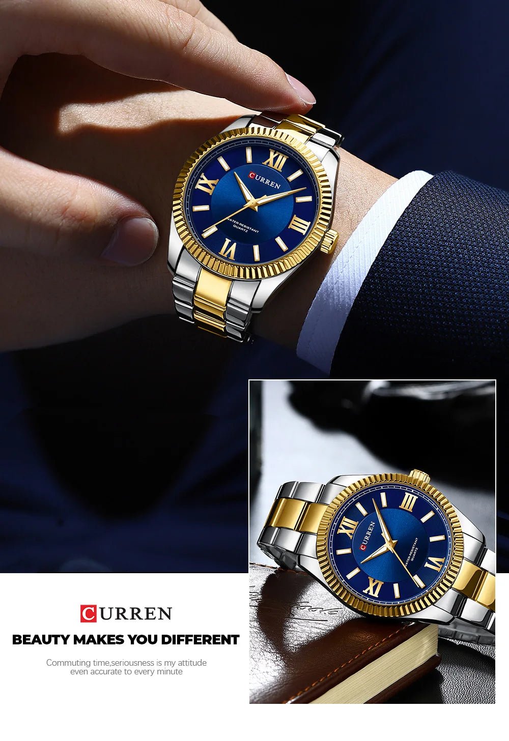 M:8453 CURREN BLUE DIAL SILVER+GOLDEN STAINLESS STEEL CHAIN WRIST WATCH FOR MEN WITH BRAND (BOX & BAG) - Timecheck