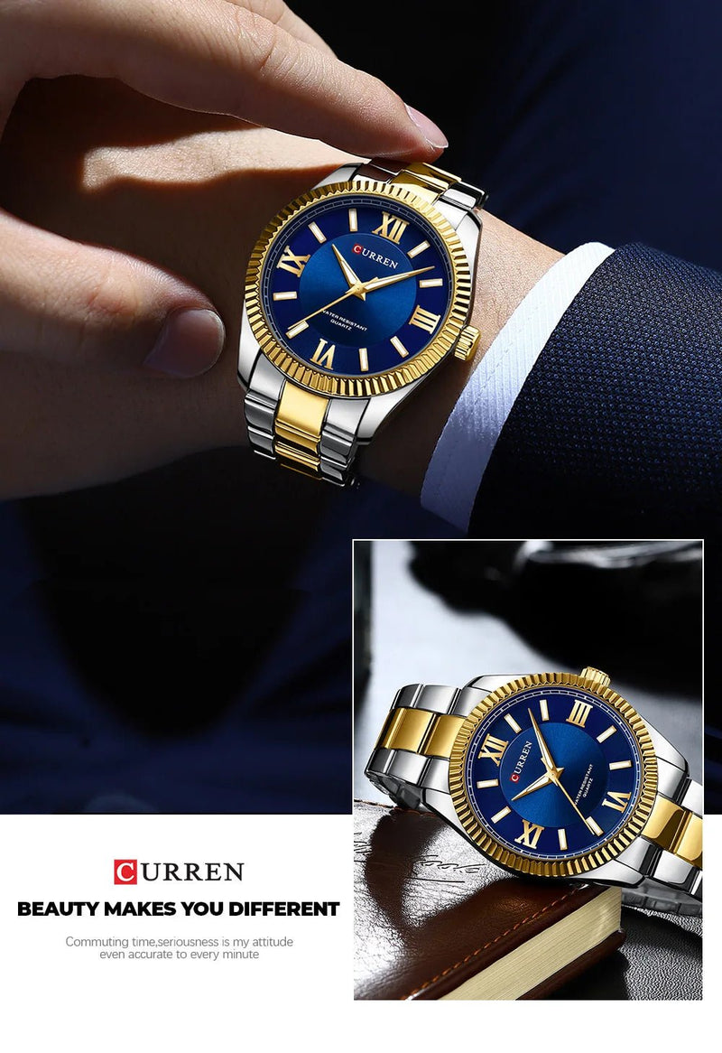 M:8453 CURREN BLUE DIAL SILVER+GOLDEN STAINLESS STEEL CHAIN WRIST WATCH FOR MEN WITH BRAND (BOX & BAG) - Timecheck