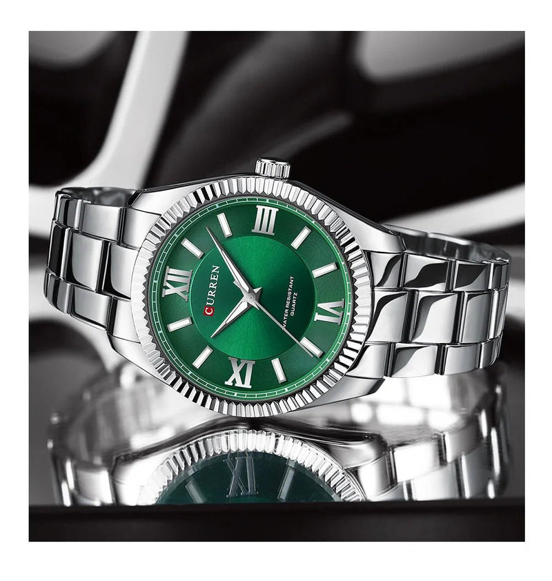 M:8453 CURREN GREEN DIAL SILVER STAINLESS STEEL CHAIN Wrist Watch FOR MEN WITH BRAND (BOX & BAG) - Timecheck