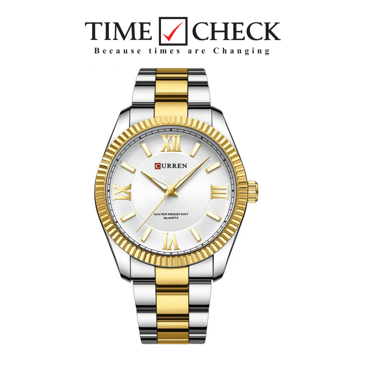 M:8453 CURREN WHITE DIAL SILVER+GOLDEN STAINLESS STEEL CHAIN WRIST WATCH FOR MEN WITH BRAND (BOX & BAG) - Timecheck