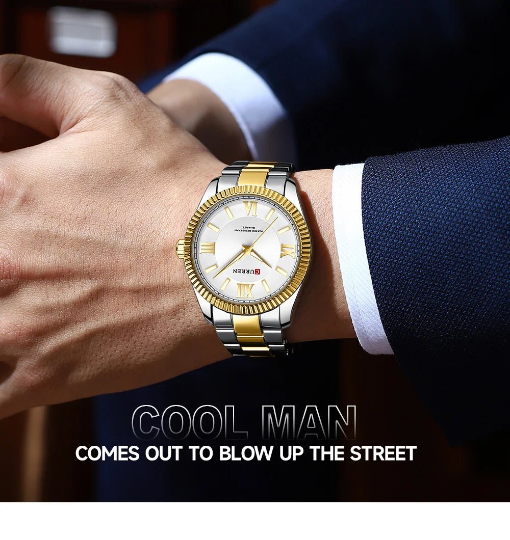 M:8453 CURREN WHITE DIAL SILVER+GOLDEN STAINLESS STEEL CHAIN WRIST WATCH FOR MEN WITH BRAND (BOX & BAG) - Timecheck