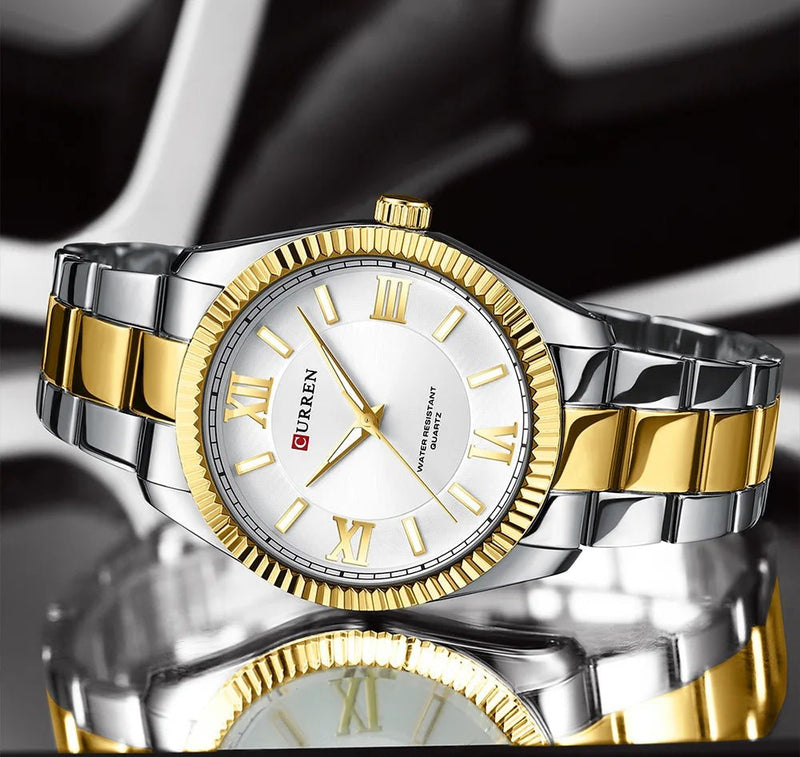 M:8453 CURREN WHITE DIAL SILVER+GOLDEN STAINLESS STEEL CHAIN WRIST WATCH FOR MEN WITH BRAND (BOX & BAG) - Timecheck