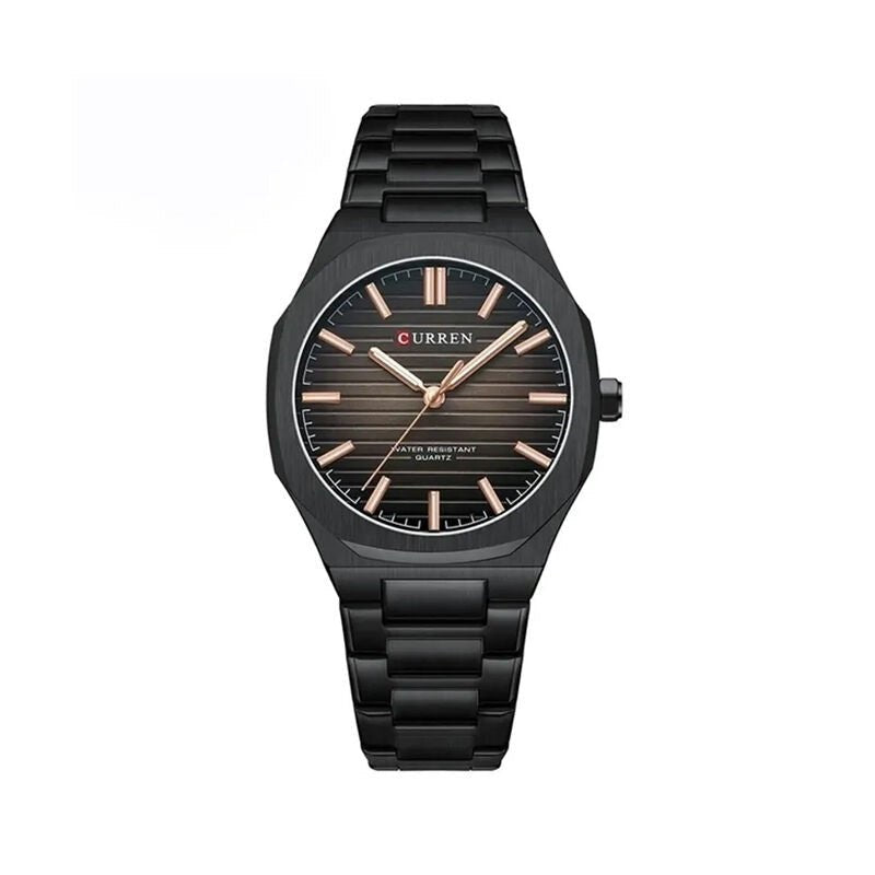 Curren M-8456 men's watch featuring a sleek black analog dial and matching durable black stainless steel link bracelet