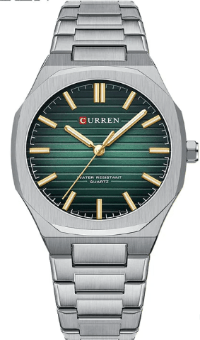M:8456 Curren Green Dial Silver Stainless Steel Chain Analog Quartz Men's Watch. - Timecheck
