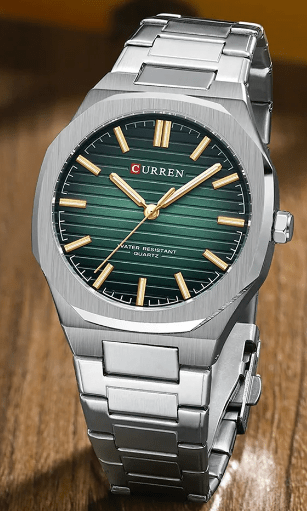 M:8456 Curren Green Dial Silver Stainless Steel Chain Analog Quartz Men's Watch. - Timecheck