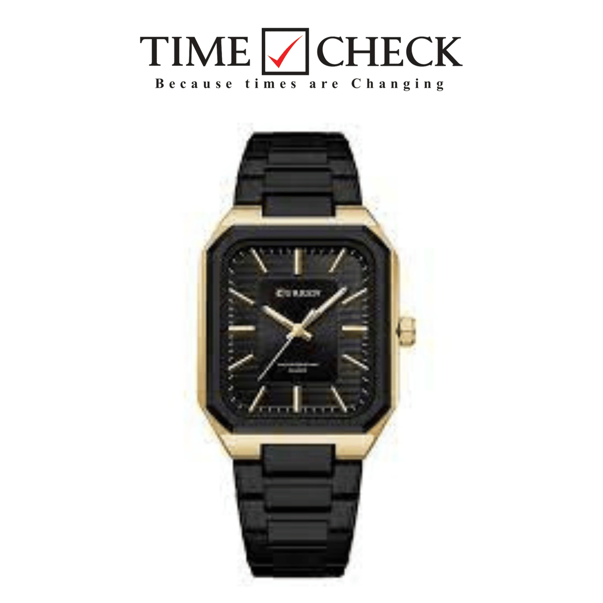 M:8457 BLACK Dial GOLDEN CASE BLACK Stainless Steel Chain Analog Quartz Men's Watch. - Timecheck