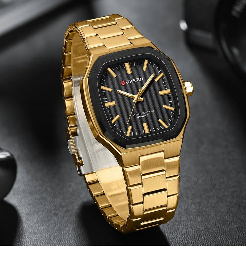 Curren M-8458 men's watch featuring a bold black analog dial and elegant gold stainless steel link bracelet
