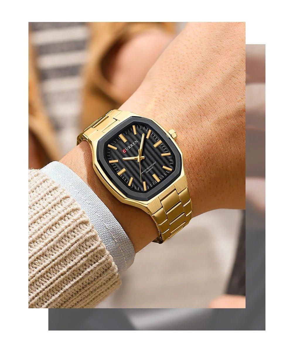 Curren M-8458 men's watch featuring a bold black analog dial and elegant gold stainless steel link bracelet