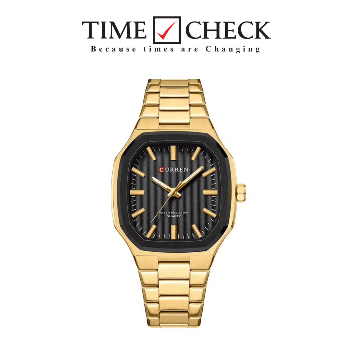 Curren M-8458 men's watch featuring a bold black analog dial and elegant gold stainless steel link bracelet
