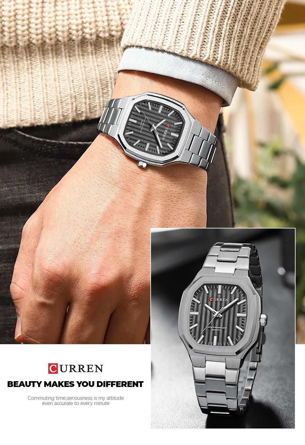 M:8458 curren GRAY Dial SILVER Stainless Steel Chain Analog Quartz Men's Watch. - Timecheck