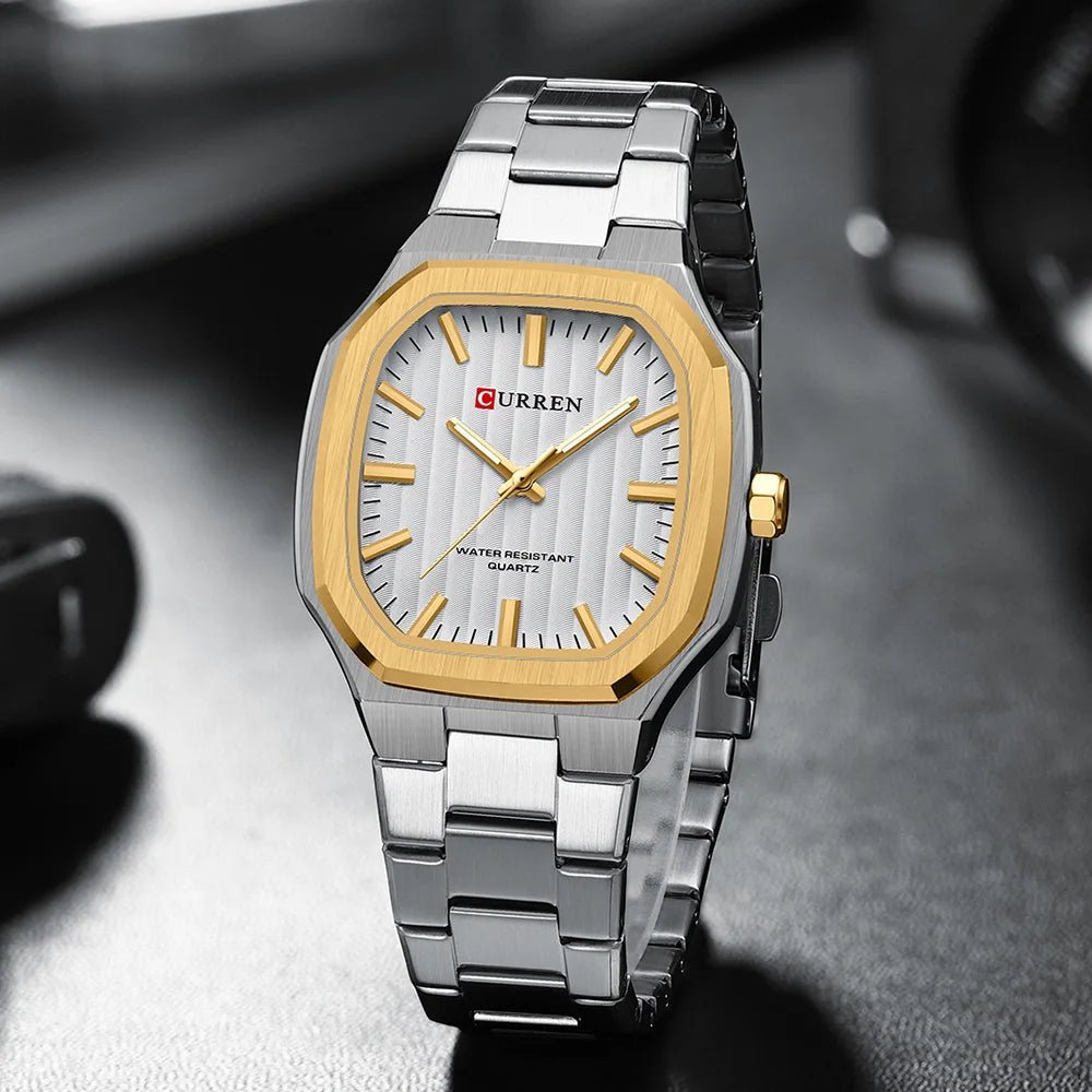 Curren M-8458 men's watch featuring a crisp white analog dial and elegant two-tone stainless steel link bracelet