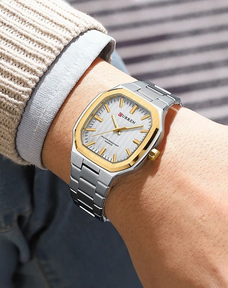 Curren M-8458 men's watch featuring a crisp white analog dial and elegant two-tone stainless steel link bracelet