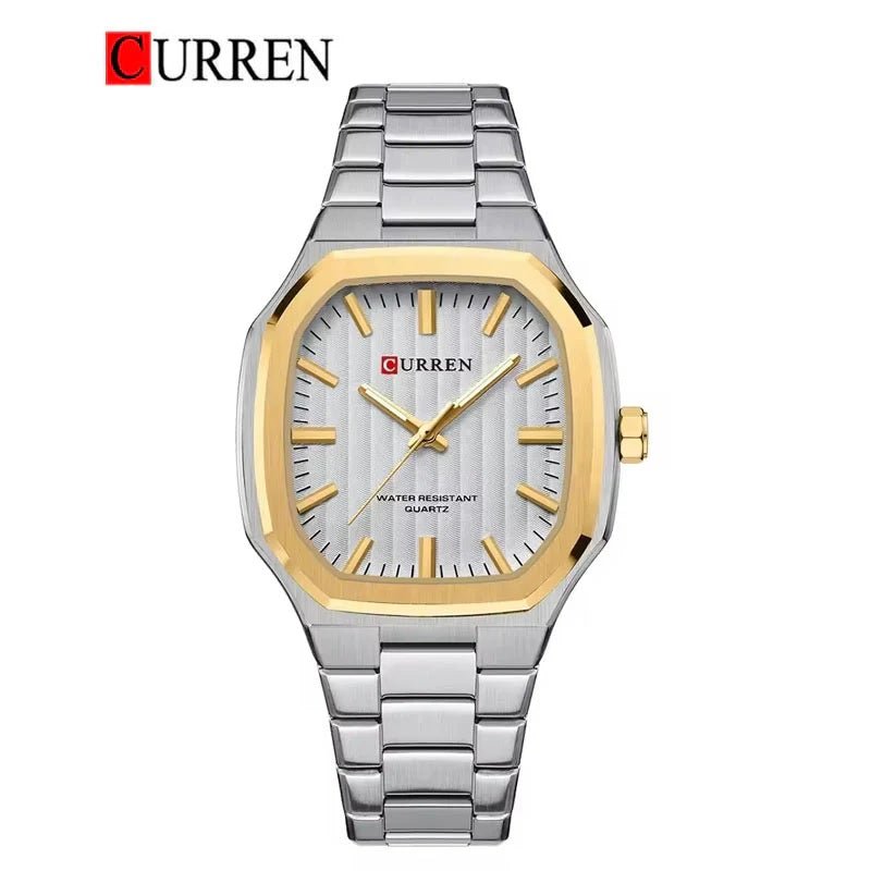 Curren M-8458 men's watch featuring a crisp white analog dial and elegant two-tone stainless steel link bracelet