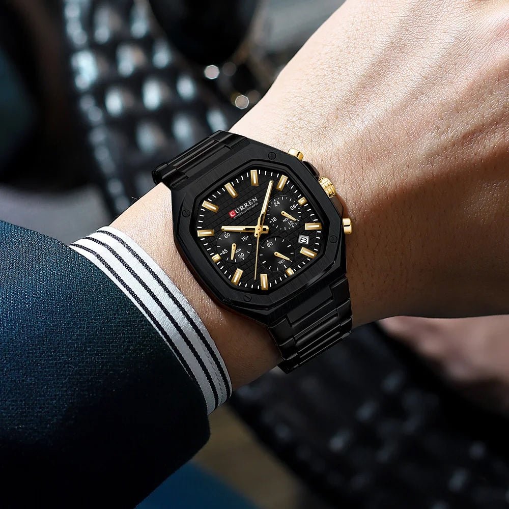 M:8459 Curren BLACK/GOLD Color Dial Fashion Quartz Clock Analog Chronograph Men's Watch. - Timecheck
